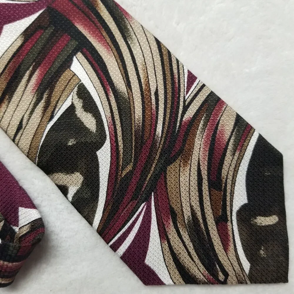 Cezani Mens Tie Necktie Imported Silk Abstract Swirl Burgundy Beige